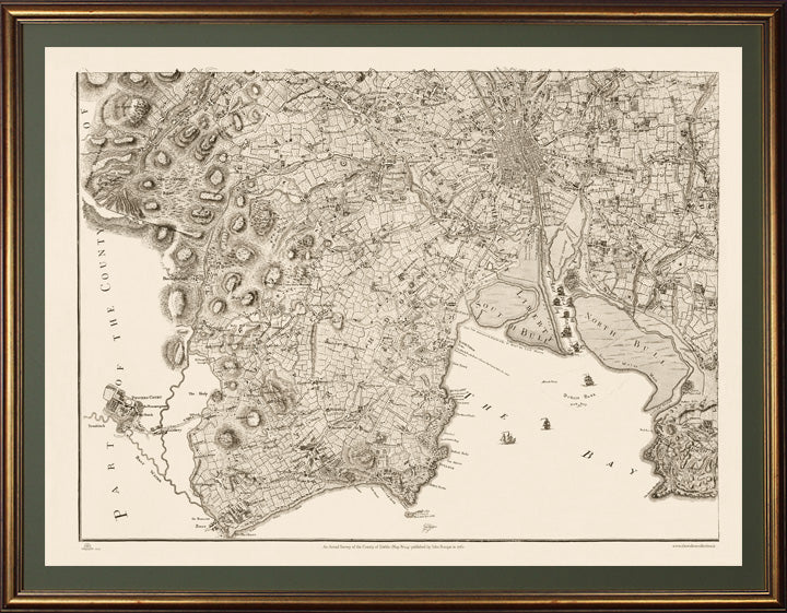 This Map No.4 in an aged gold gilt frame covers the Southeast quadrant of the County to the boarder with Wicklow including the City of Dublin, Dublin Bay, North Bull, South Bull, "Dun Lary", and Dalkey to Bray, Dublin Mountains, and indeed the fabulous Powersourt House and Gardens which was deemed worthy of inclusion.