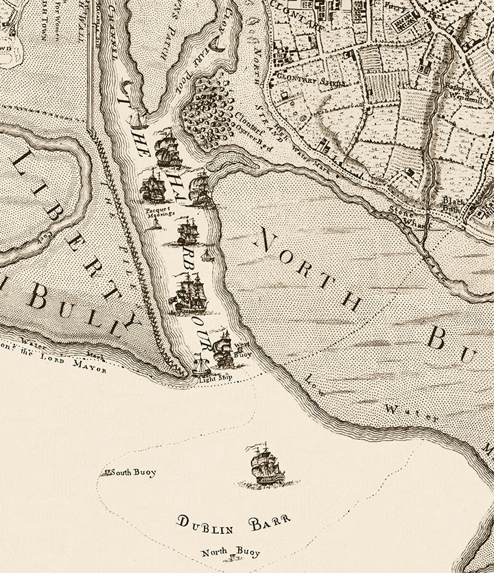 Detail from Map showing entrance to Dublin port , North and South Bull and the original 'Piles'