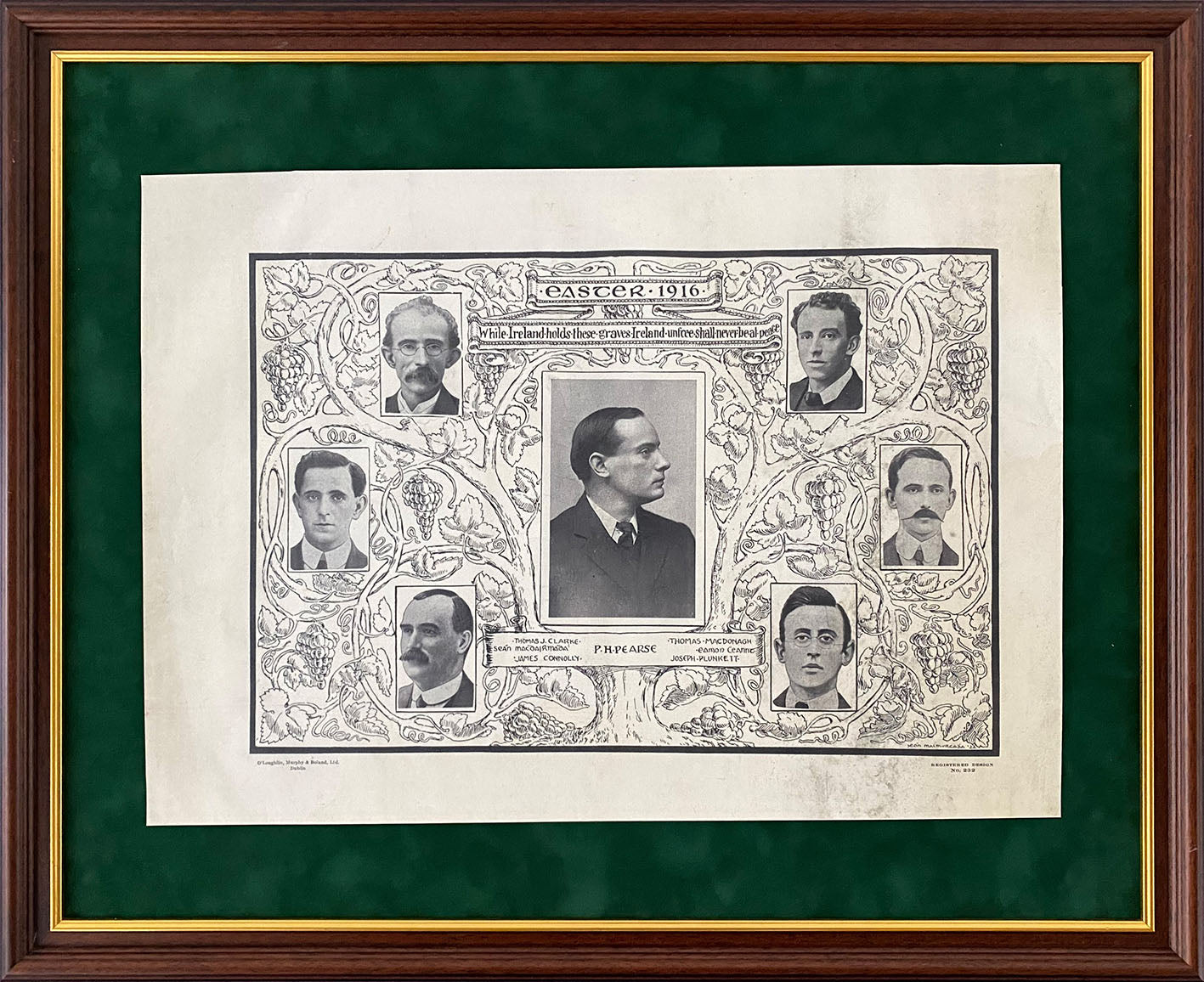 Easter 1916 Signatories – “ While Ireland hold these graves….”
A rare 1916 commemorative poster with artwork by Seán MacMurcada published in 1922