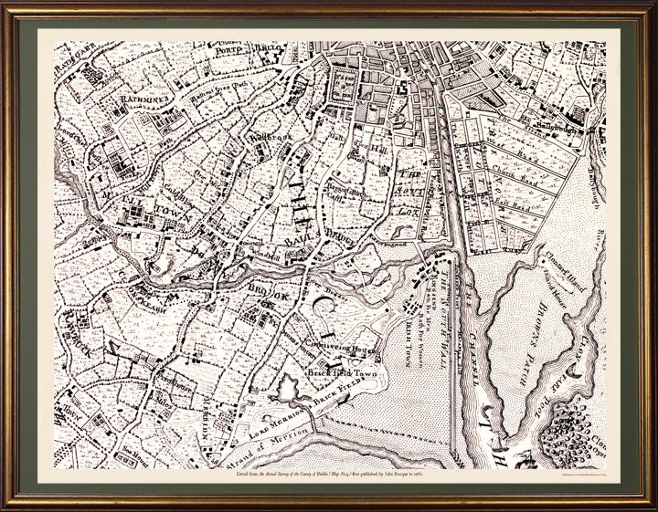 A full size customisation example showing fine road and house detail in 1760 from Donnybrook, Ballsbridge, Sandymount, Clontarf and Dublin port available to order for €495