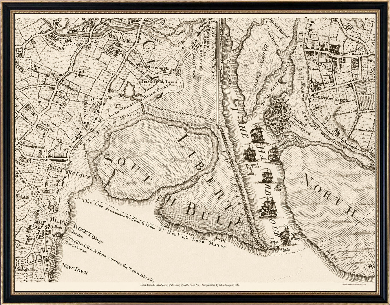 An example of half-size customisation showing Dublin Port, South and North Bull, Booterstown, Blackrock and Clontarf in a Hogarth frame from €250..
