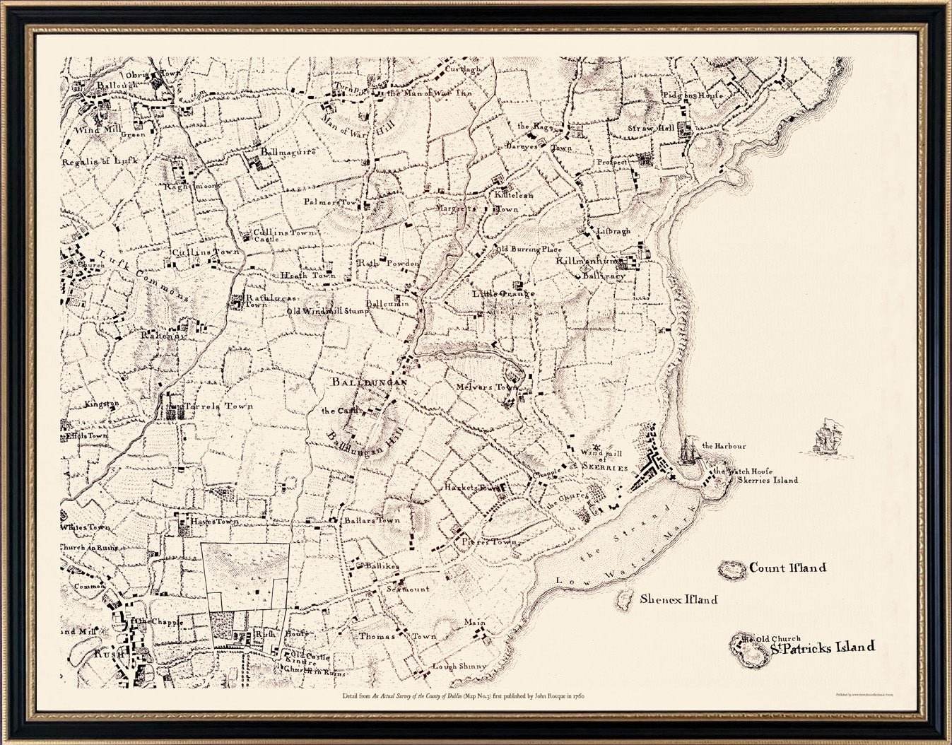 An example of a half-size customisation of Skerries and surrounding areas taken from this map in a antique style Hogarth frame from €250