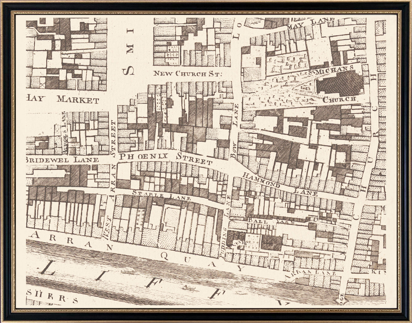 A half-size example of a customisation from the larger map showing the North Quays near Smithfield in a antique Hogarth style frame from €250..