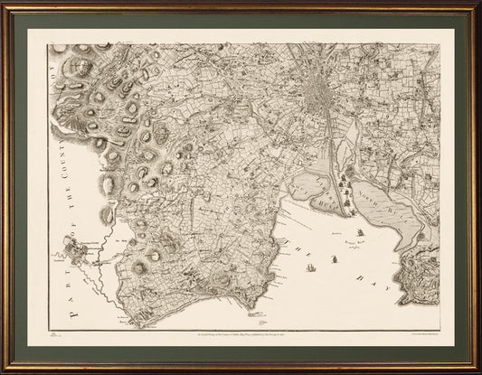 This Map No.4 in an aged gold gilt frame  covers the Southeast quadrant of the County to the boarder with Wicklow including the City of Dublin, Dublin Bay, North Bull,   South Bull, "Dun Lary", and Dalkey to Bray, Dublin Mountains, and indeed the fabulous Powersourt House and Gardens which was deemed worthy of inclusion. 