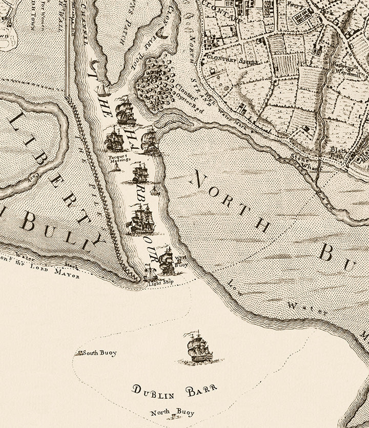 Detail from Map showing entrance to Dublin port , North and South Bull and the original  'Piles'