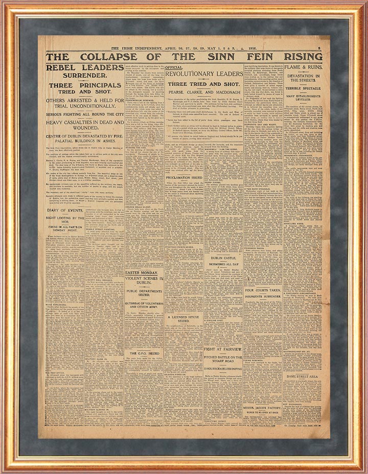 Irish Independent 4th May 1916 (8-Day edition 26,27,28,29 April 1,2,3,4 May) Page 3 (Headline Page)