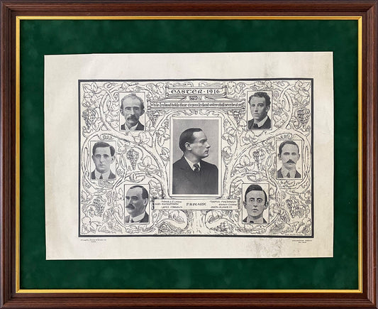 Easter 1916 Signatories – “ While Ireland hold these graves….”
A rare 1916 commemorative poster with artwork by Seán MacMurcada published in 1922