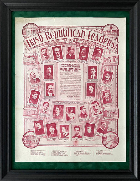 Irish Republican Leaders 1916 - Dáil Éireann 1919 Commemorative Poster - An extremely rare 1916 commemorative poster with 24 Images of Rising 1916 Leaders and 8 Rising battle locations with Proclamation of the Republic inset centre.