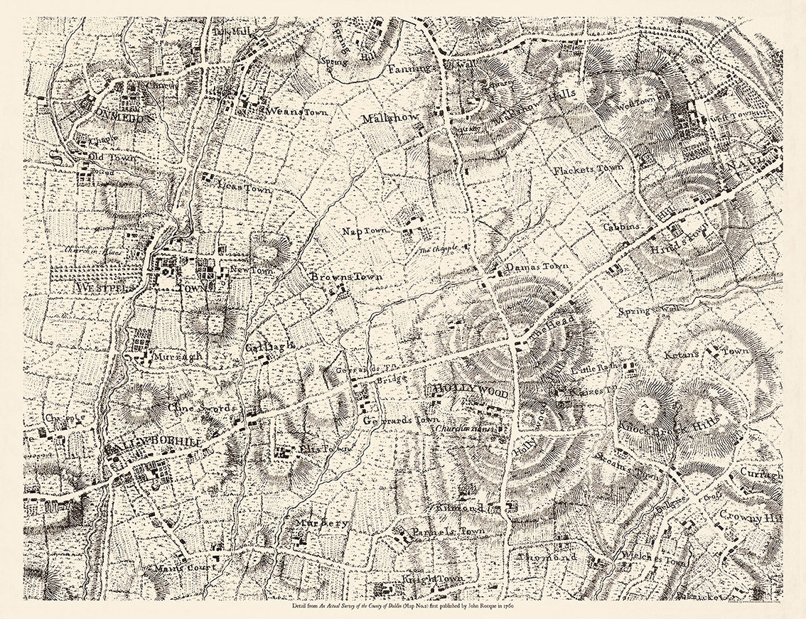 John Rocques Map 1760- An Actual  Survey of the County of Dublin No.2 .This map covers the North Western quadrant of the county including the townlands of Palmerstown, The Ward,  Newtown, Oldtown,  Ballyboughal, Holywood , Naul,  Garristown, and Balscadan