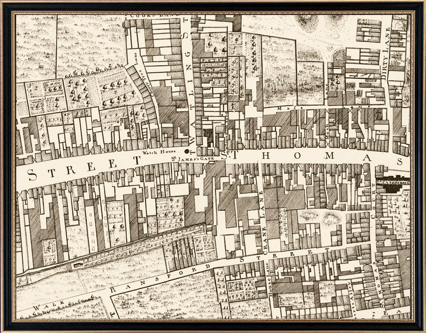  A half-size customisation example showing the James' Gate area in 1756 around the time the Guinness family purchased their first site there, in a 18th Century style Hogarth frame, from €250